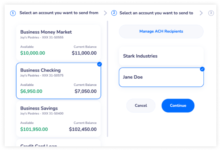 Close-up of ACH transfers screen